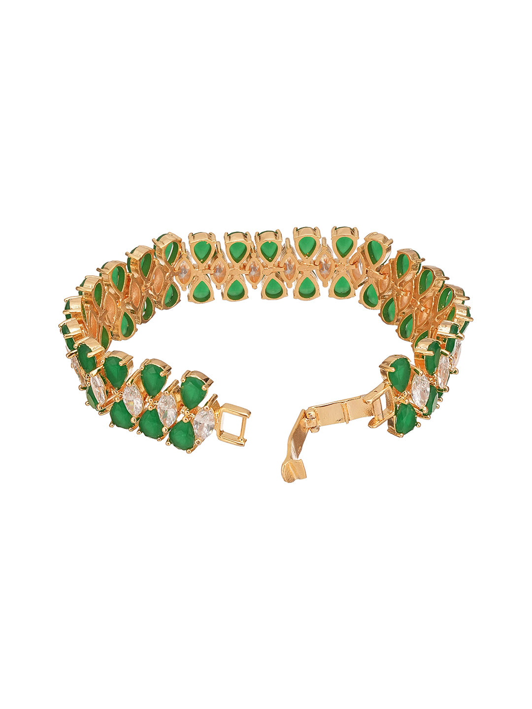 Gold Plated Green Emerald AD Zircon Studded Tennis Wraparound Statement Bracelet