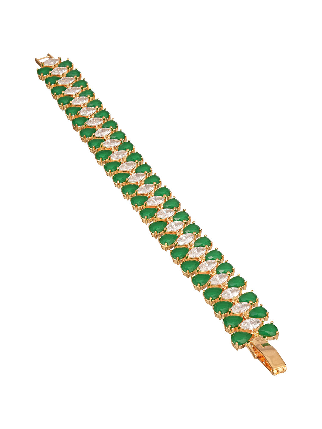 Gold Plated Green Emerald AD Zircon Studded Tennis Wraparound Statement Bracelet