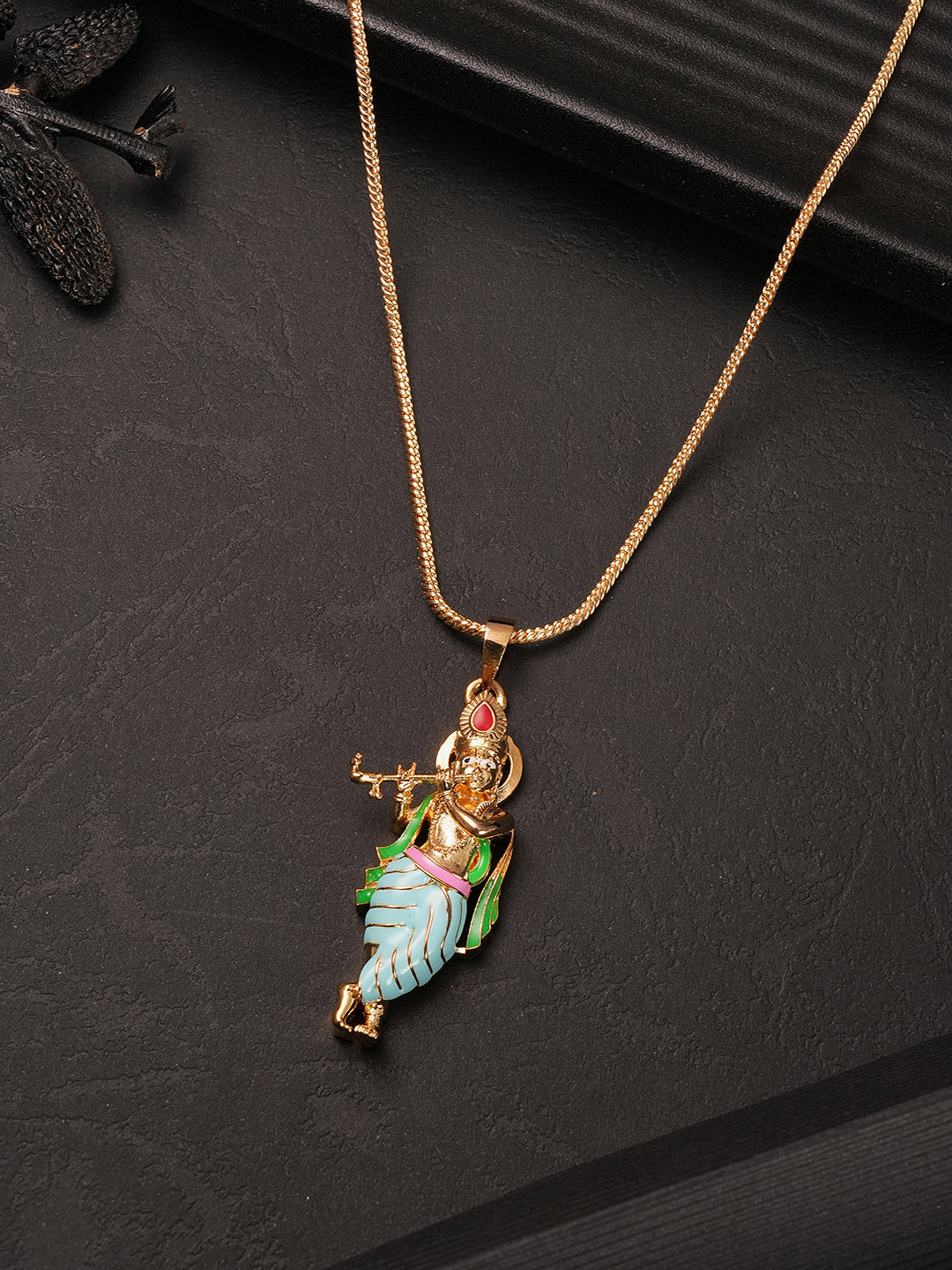 Gold Plated & Enamelled Minimal Lord Krishna Locket Necklace & Chain