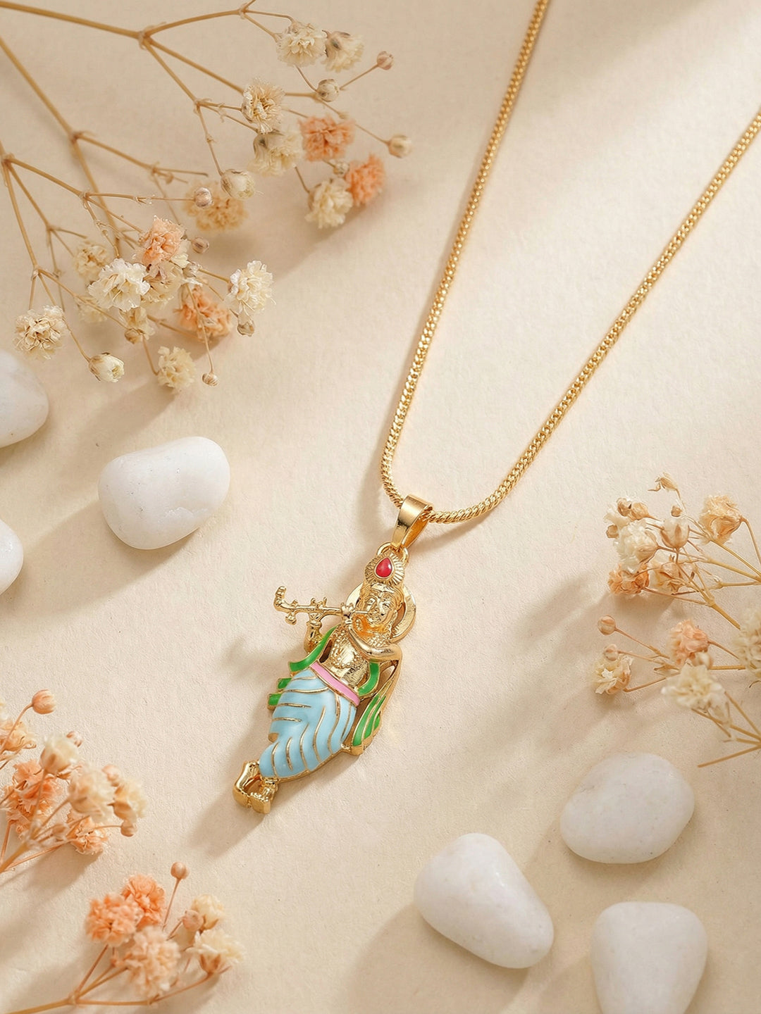 Gold Plated & Enamelled Minimal Lord Krishna Locket Necklace & Chain