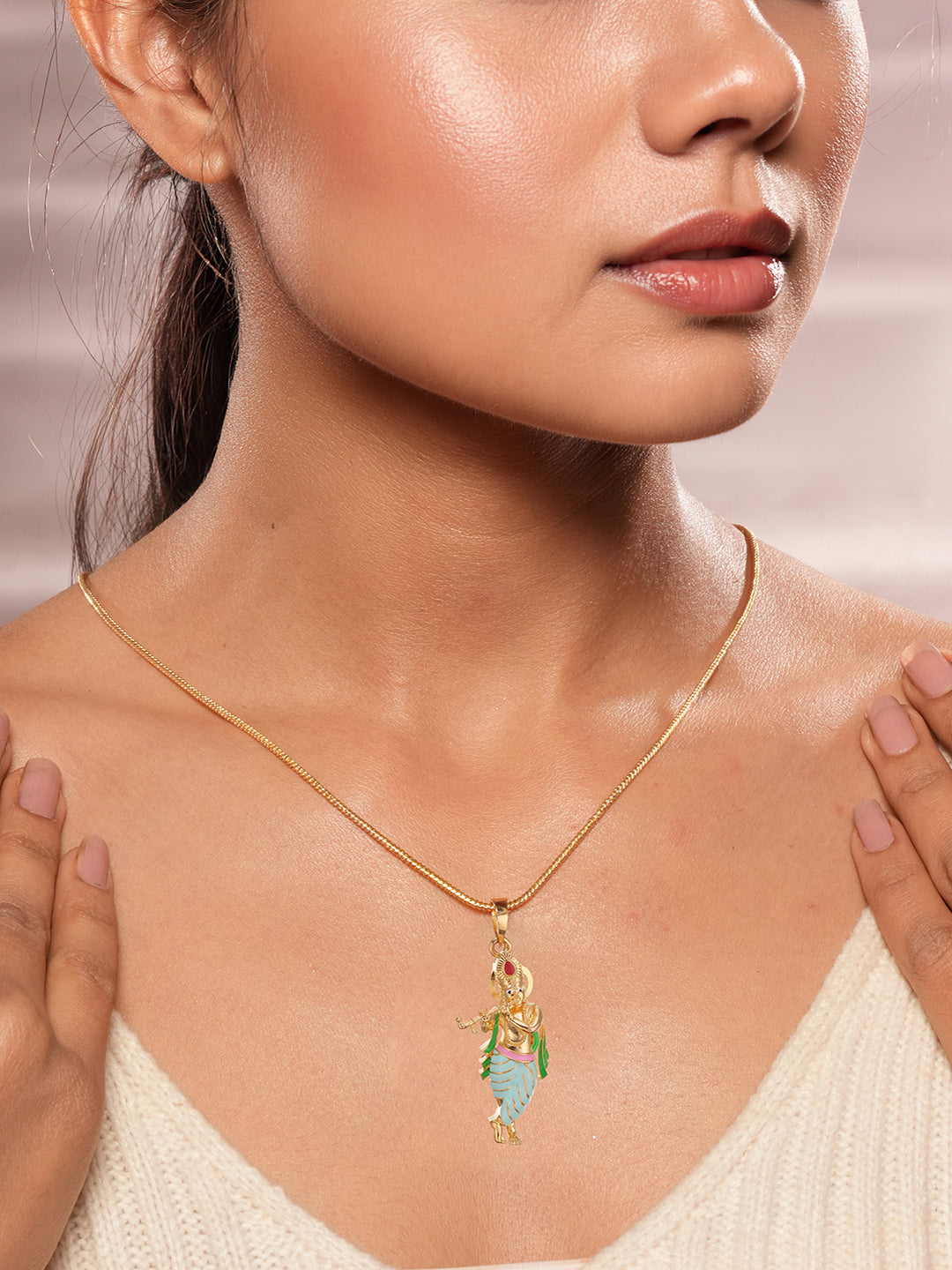 Gold Plated & Enamelled Minimal Lord Krishna Locket Necklace & Chain