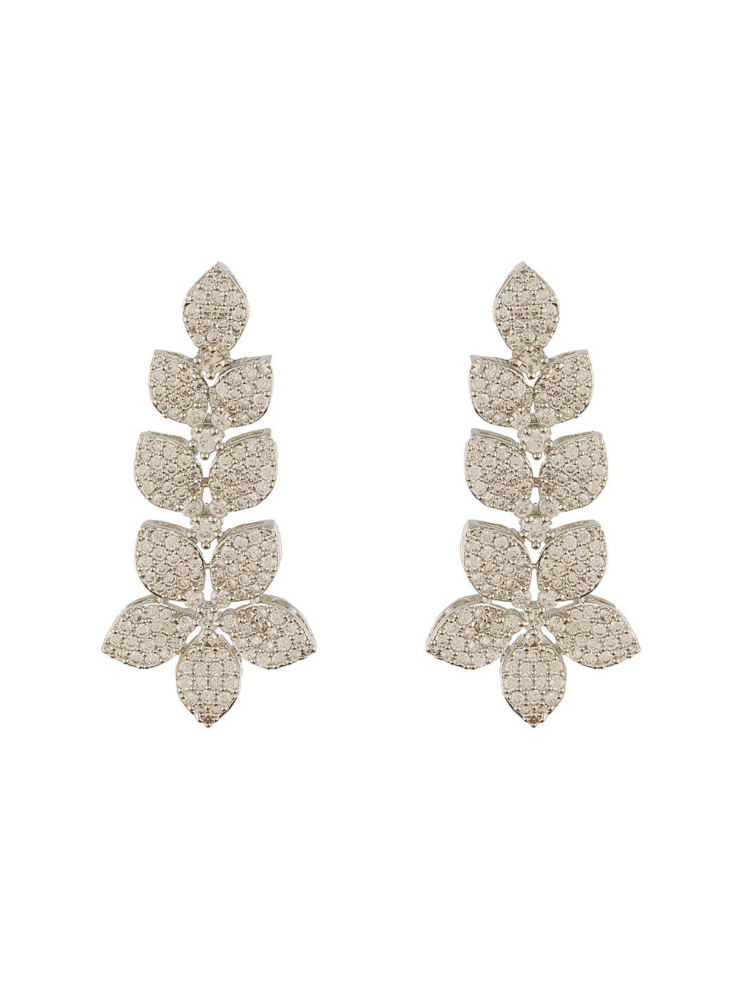 White Rhodium Plated Cubic Zircon Studded Statement Floral Luxe Necklace Jewellery Set