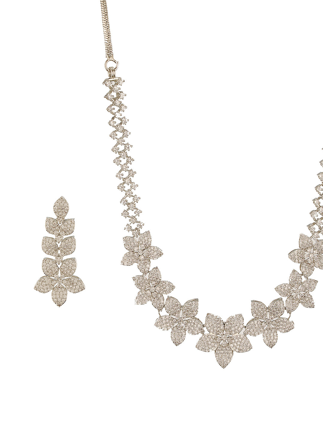 White Rhodium Plated Cubic Zircon Studded Statement Floral Luxe Necklace Jewellery Set