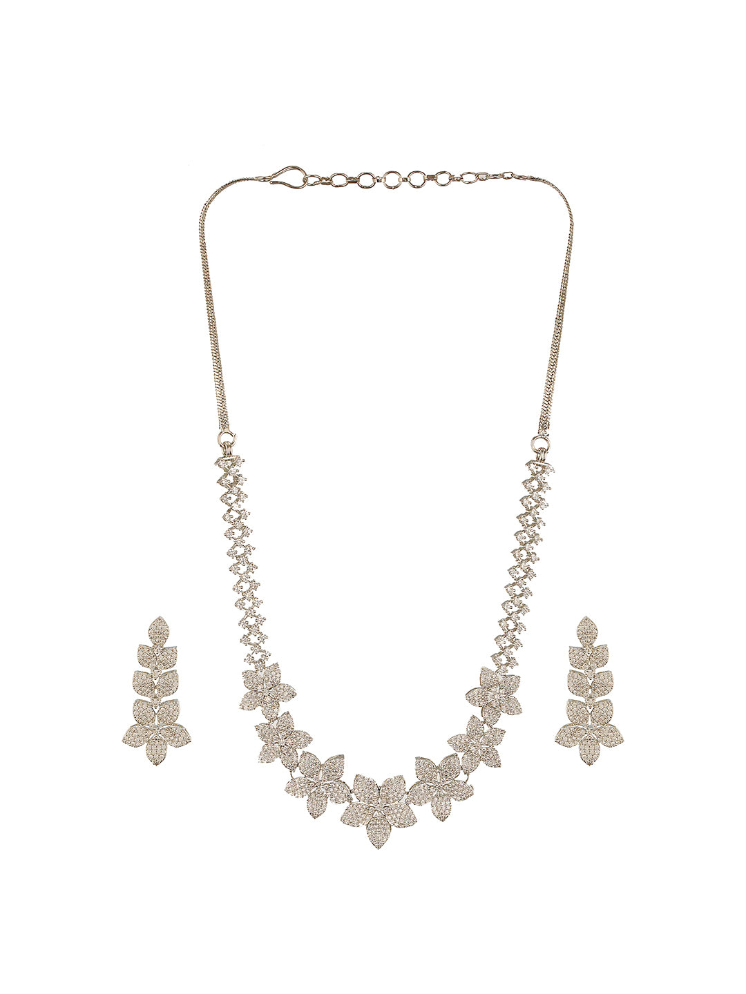 White Rhodium Plated Cubic Zircon Studded Statement Floral Luxe Necklace Jewellery Set
