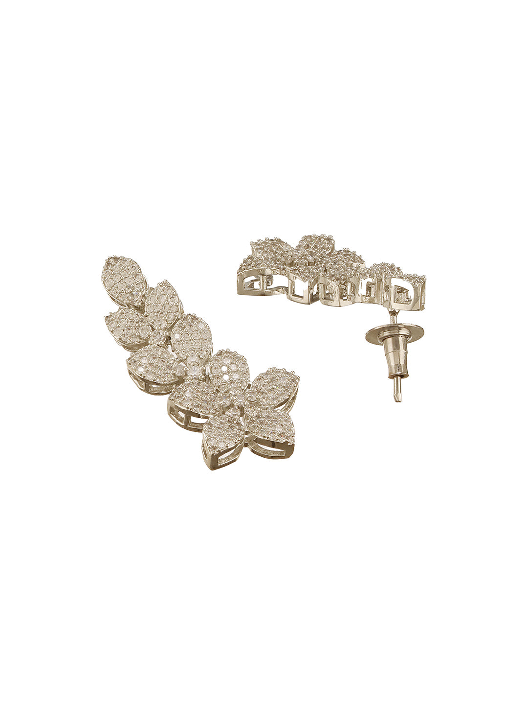 White Rhodium Plated Cubic Zircon Studded Statement Floral Luxe Necklace Jewellery Set