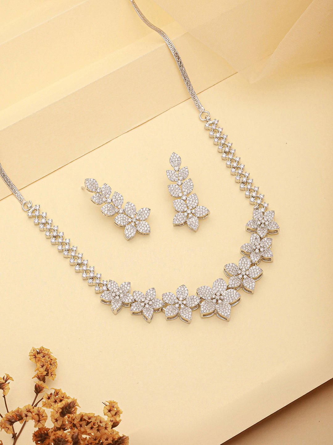 White Rhodium Plated Cubic Zircon Studded Statement Floral Luxe Necklace Jewellery Set