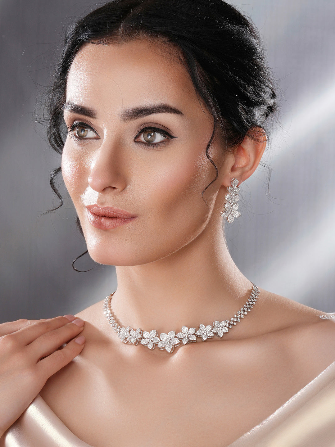 White Rhodium Plated Cubic Zircon Studded Statement Floral Luxe Necklace Jewellery Set