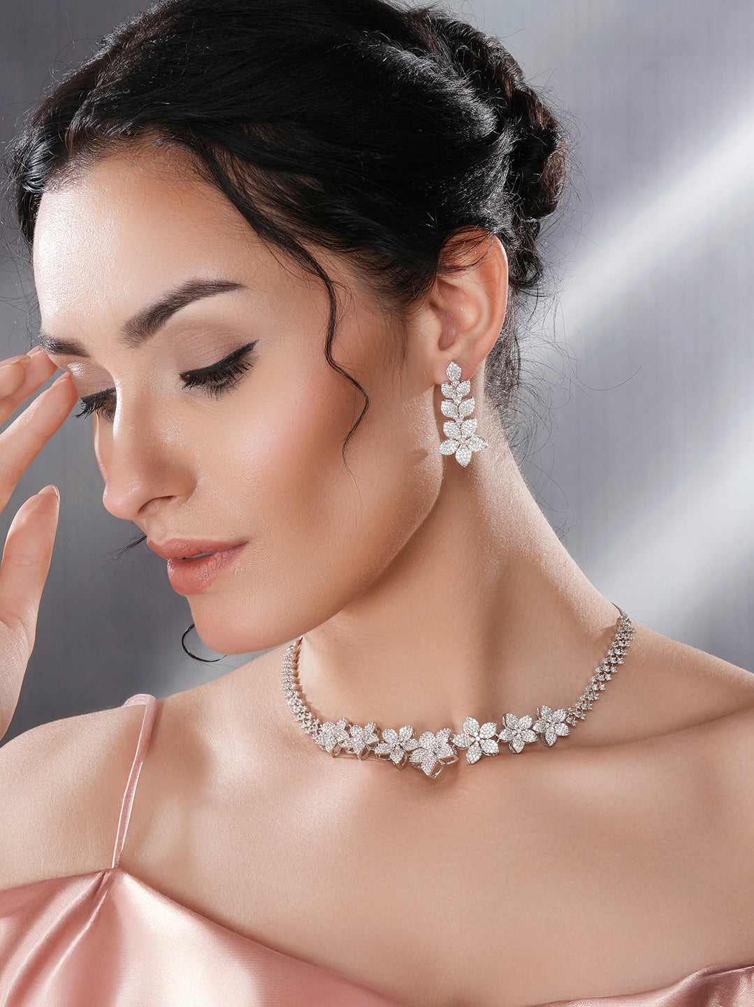 White Rhodium Plated Cubic Zircon Studded Statement Floral Luxe Necklace Jewellery Set