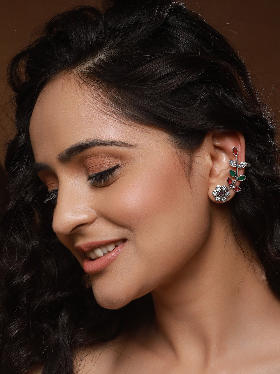 Oxidised Silver Plated Red Stone Studded Floral Ear Cuff Earrings