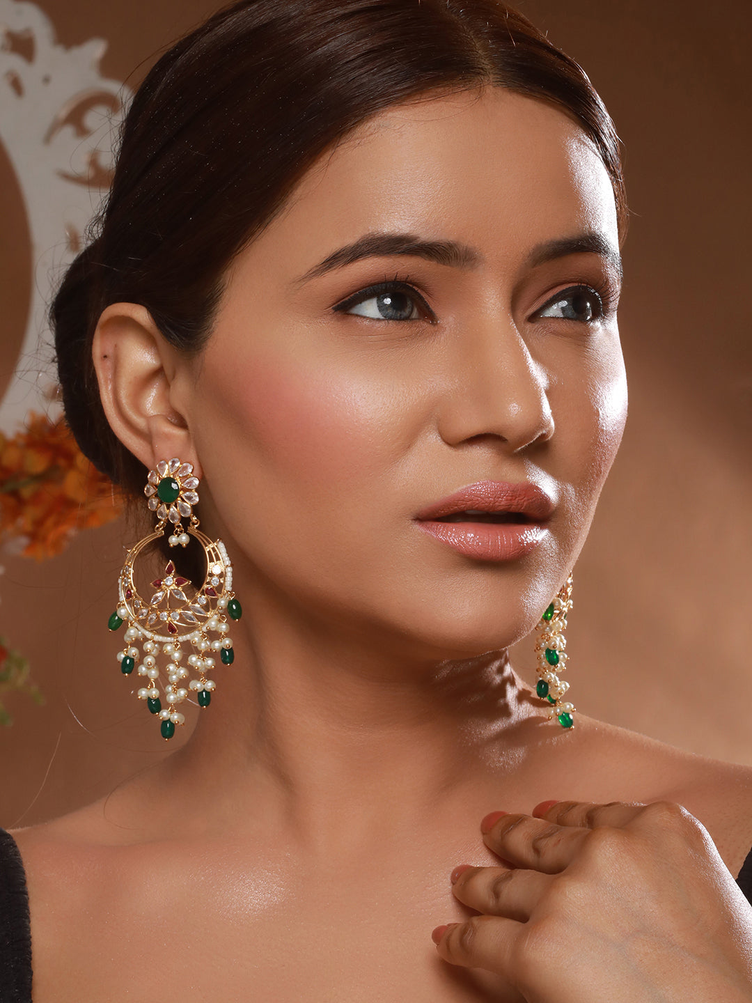 24K Gold Plated Red & Green Kundan & Pearl Beaded Bridal Chandbali Designer Earring