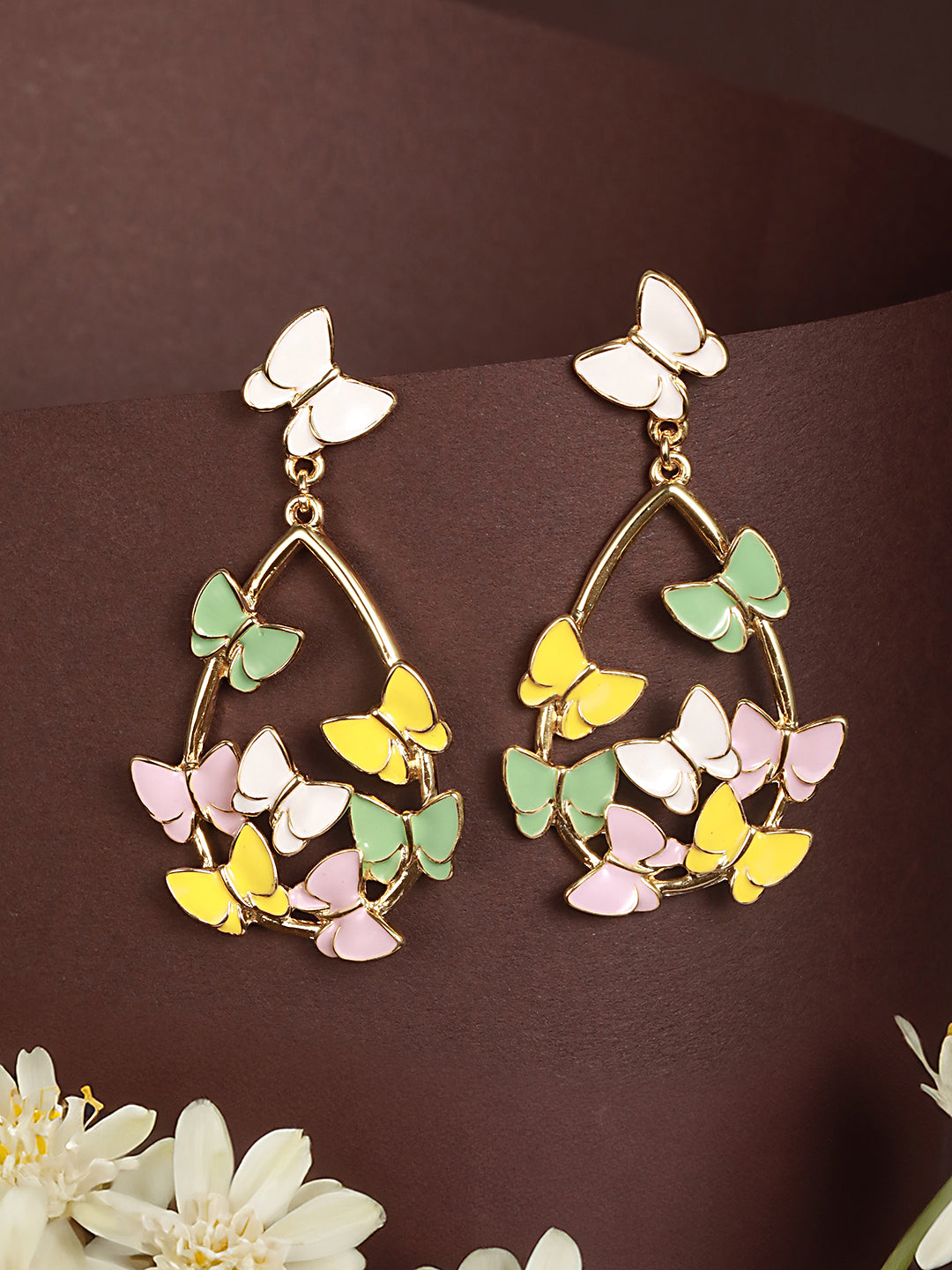 Anti-Tarnish Gold Plated Enamelled Butterfly Statement Luxe Drop Earrings