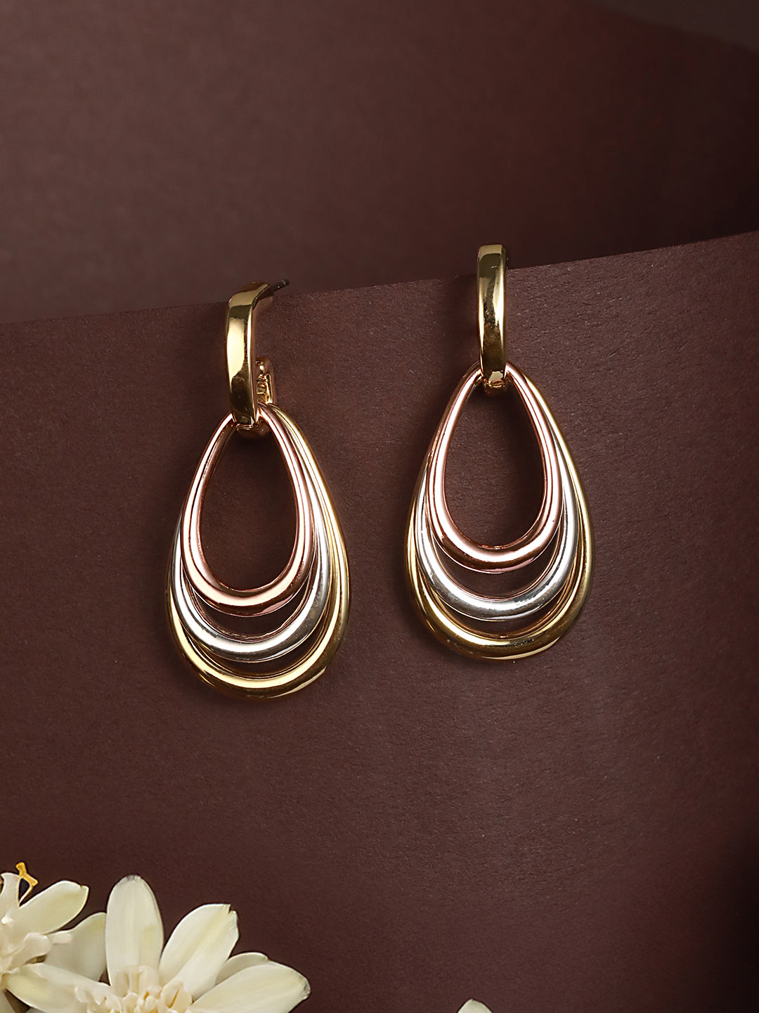 Anti-Tarnish Tri Gold Plated Concentric Drop Shaped Dangler Hoop Earrings