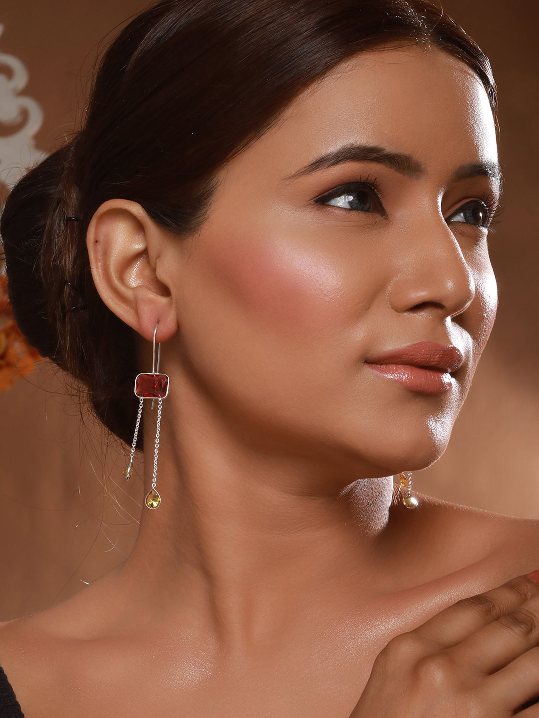 Silver Plated Red Ruby Crystal Dropdown Minimal Fishhook Earring