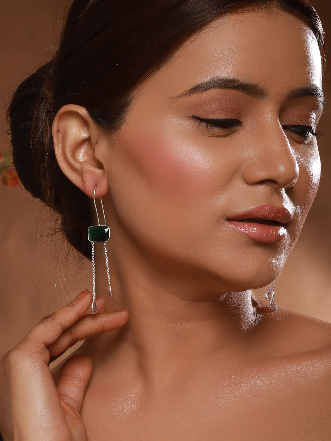 Silver Plated Green Crystal Dropdown Minimal Fishhook Earrings