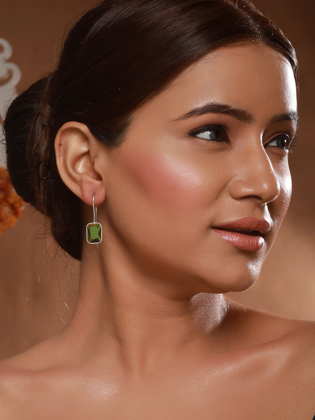 Silver Plated Oxidised Peridot Green Solitaire Minimal  Fish Hook Earrings