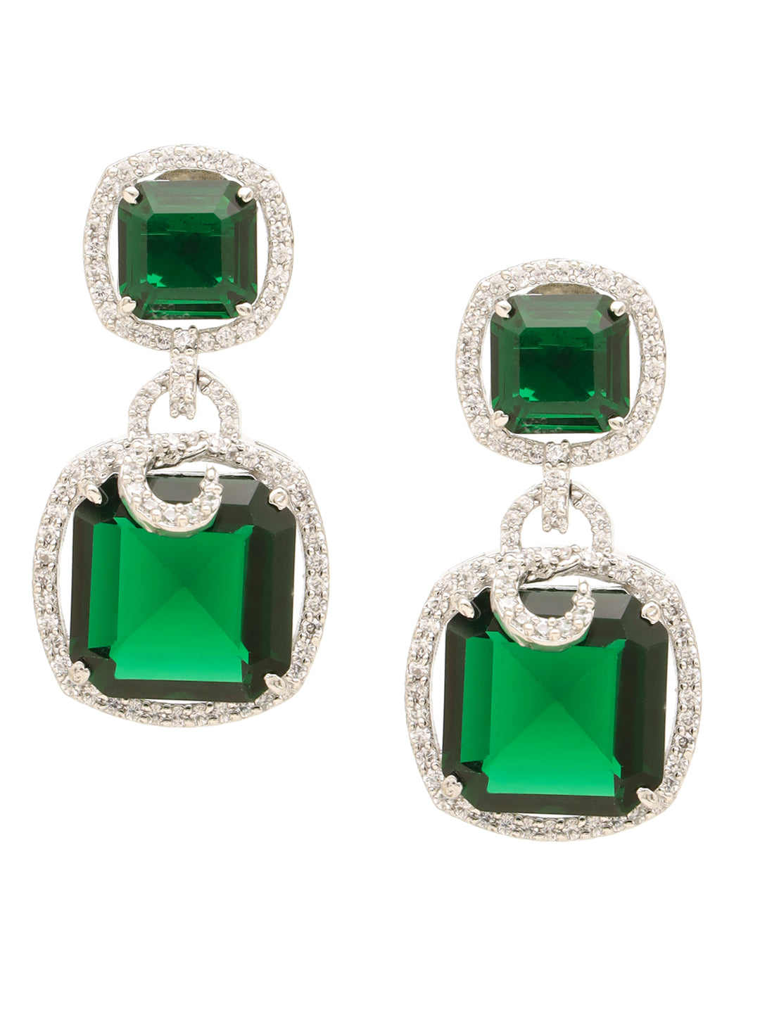 Silver  Toned  Royal Green AD Studded Statement Earrings for Women & Girls