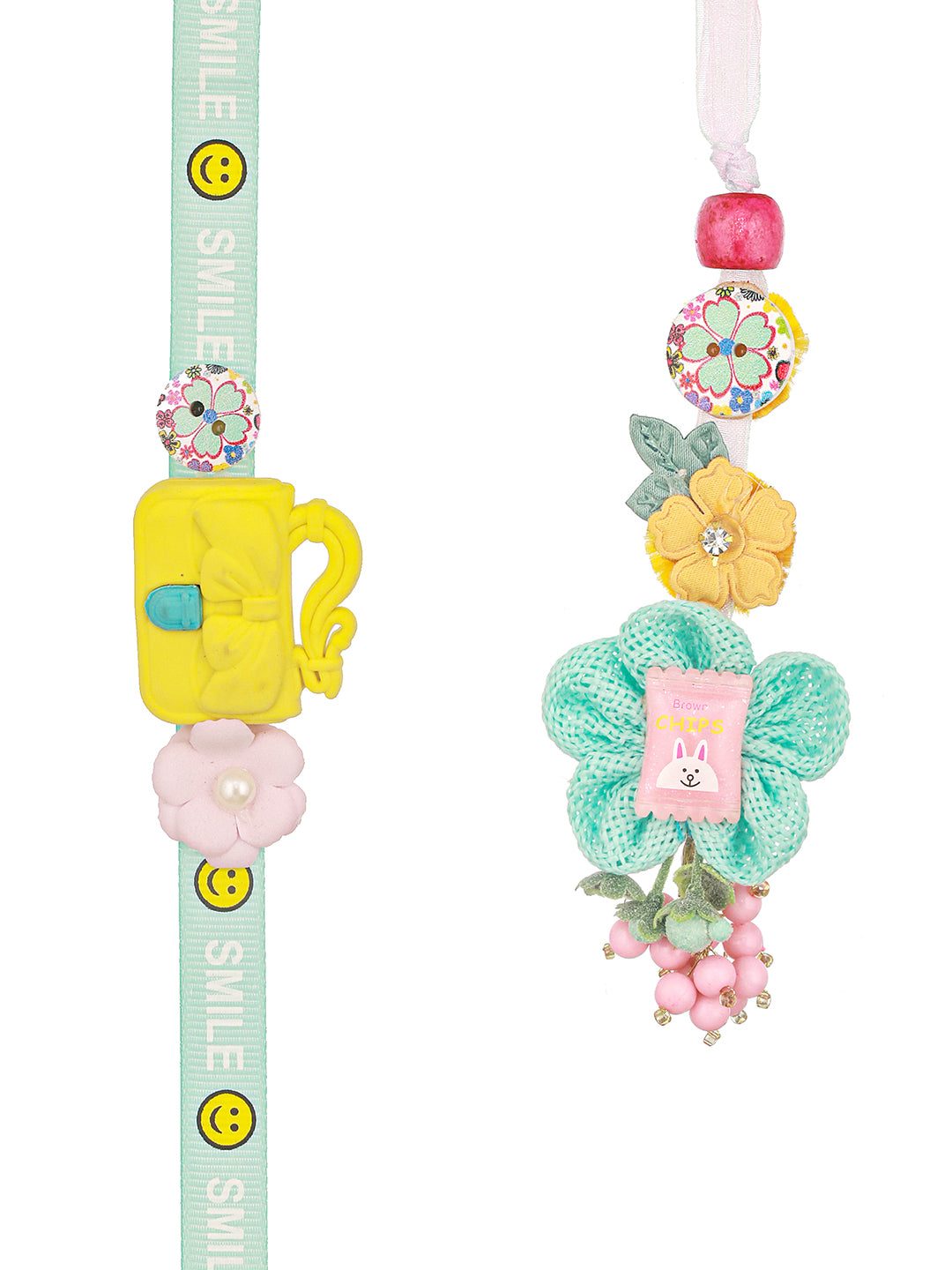 Set Of 2 Cute Handcrafted Ribbon Flower Toy Rakhi Smiley 10 gram 999 Round Silver Coin