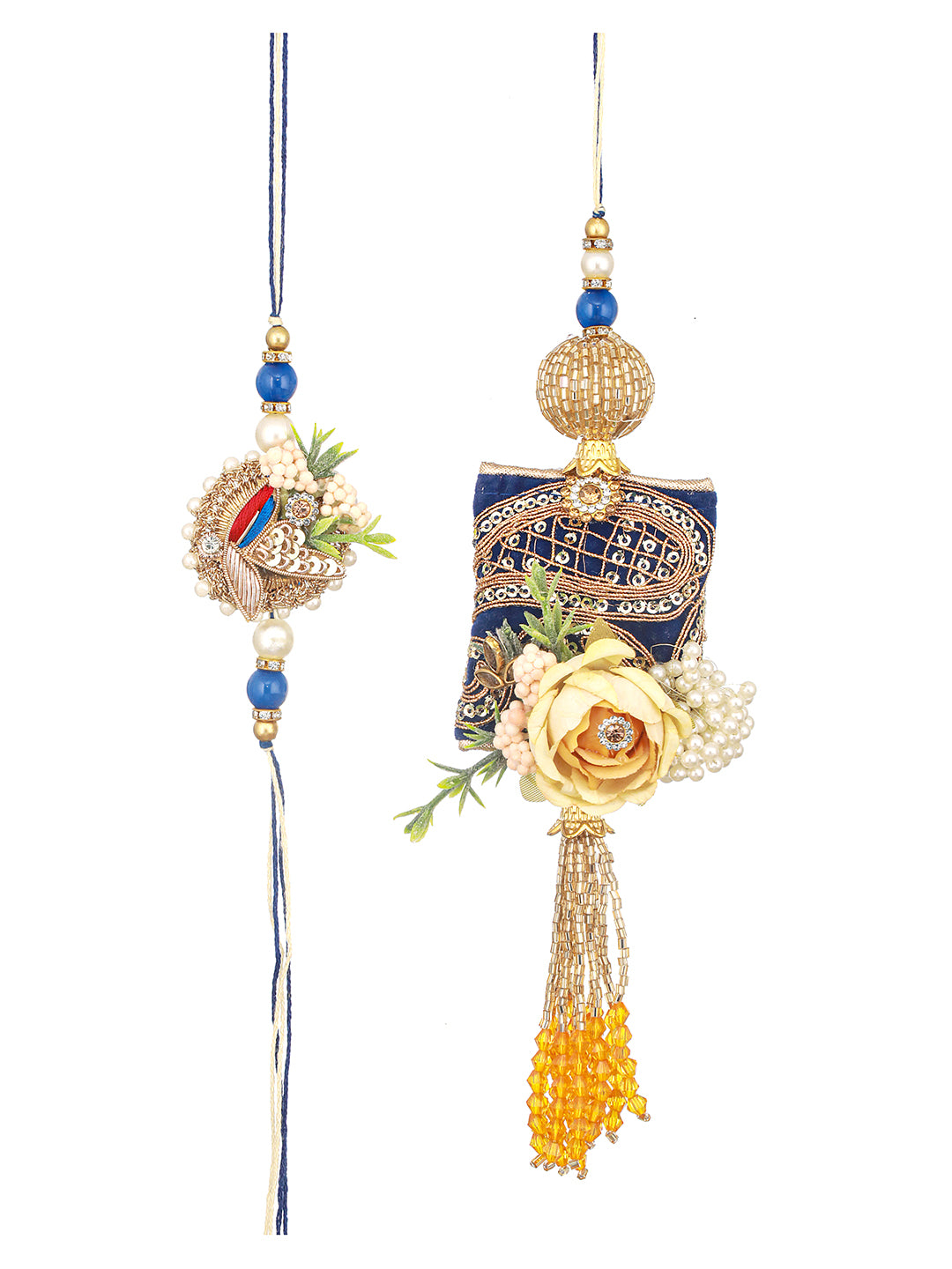 Set of 2 Kundan & Pearl Beaded Designer Rakhi with 10 gram Radhe Krishna round 999 Round Silver Coin