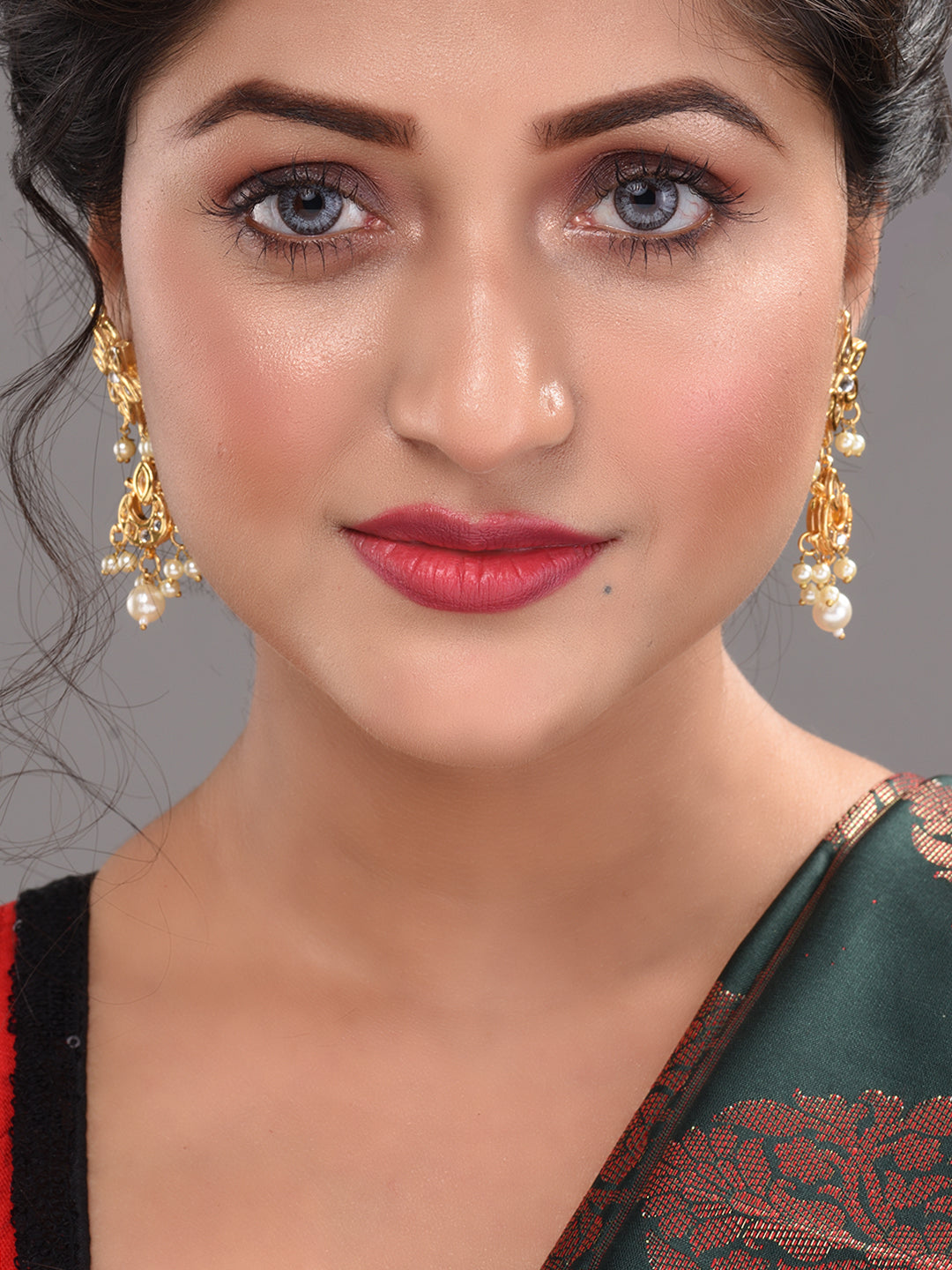 Gold Plated Kundan Studded Floral Chand Earrings