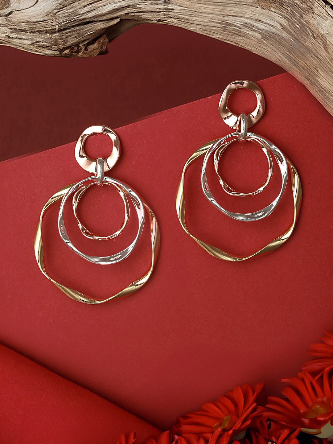 Anti-Tarnish 3 Tone Concentric Handmade Dangler Hoop Earrings
