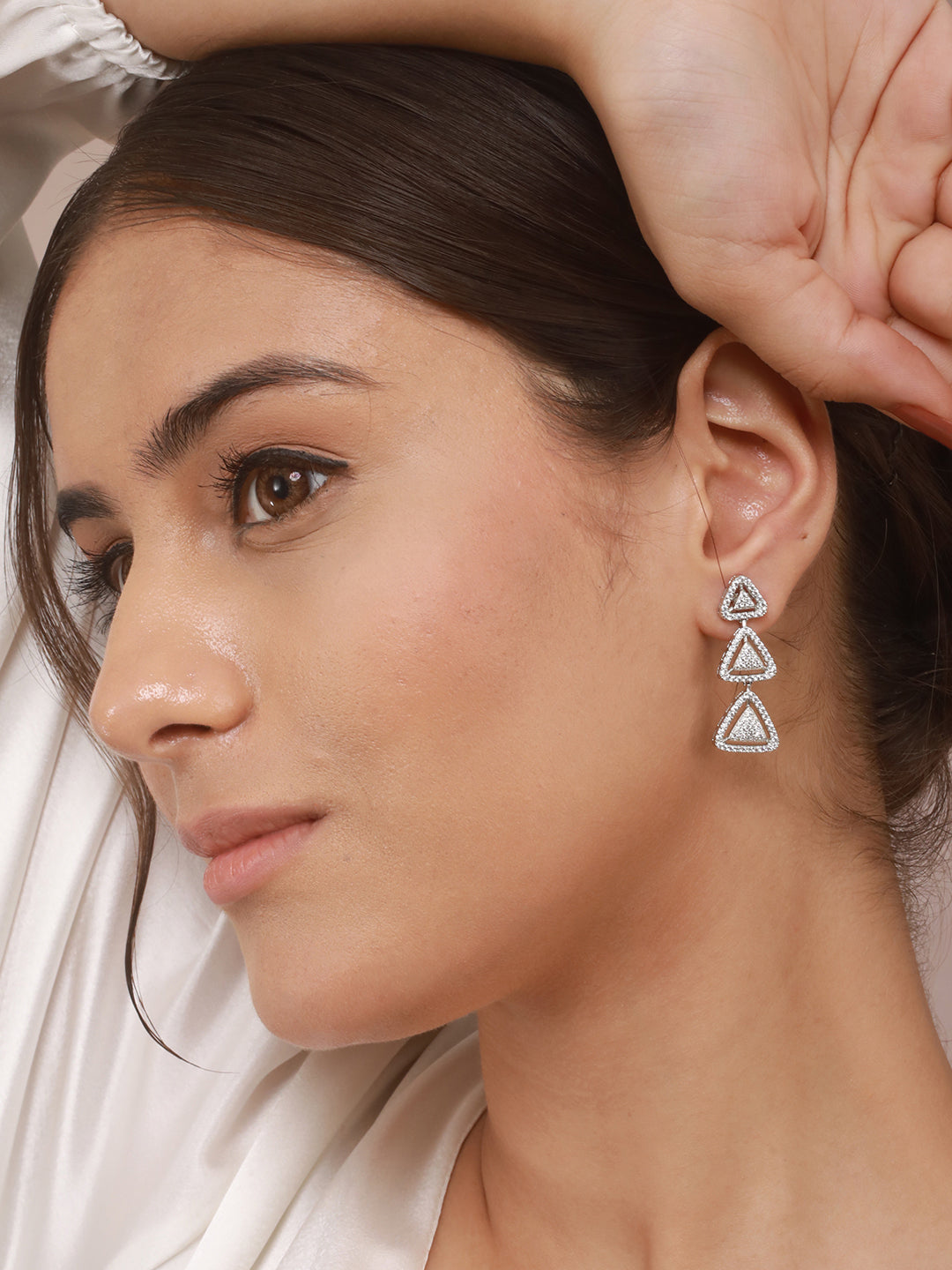 925 Sterling Silver Rhodium Plated CZ Pyramid Drop Earrings