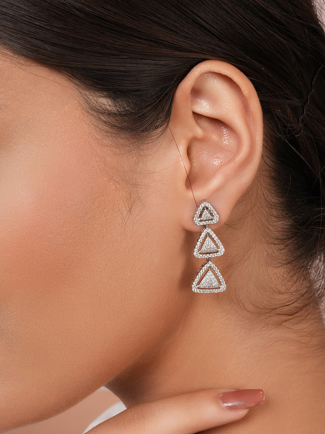 925 Sterling Silver Rhodium Plated CZ Pyramid Drop Earrings