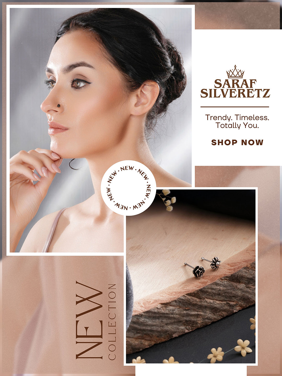 Combo of 2 Nose Pin 925 Sterling Silver Oxidised Rose & Flower Studds Nose Pin