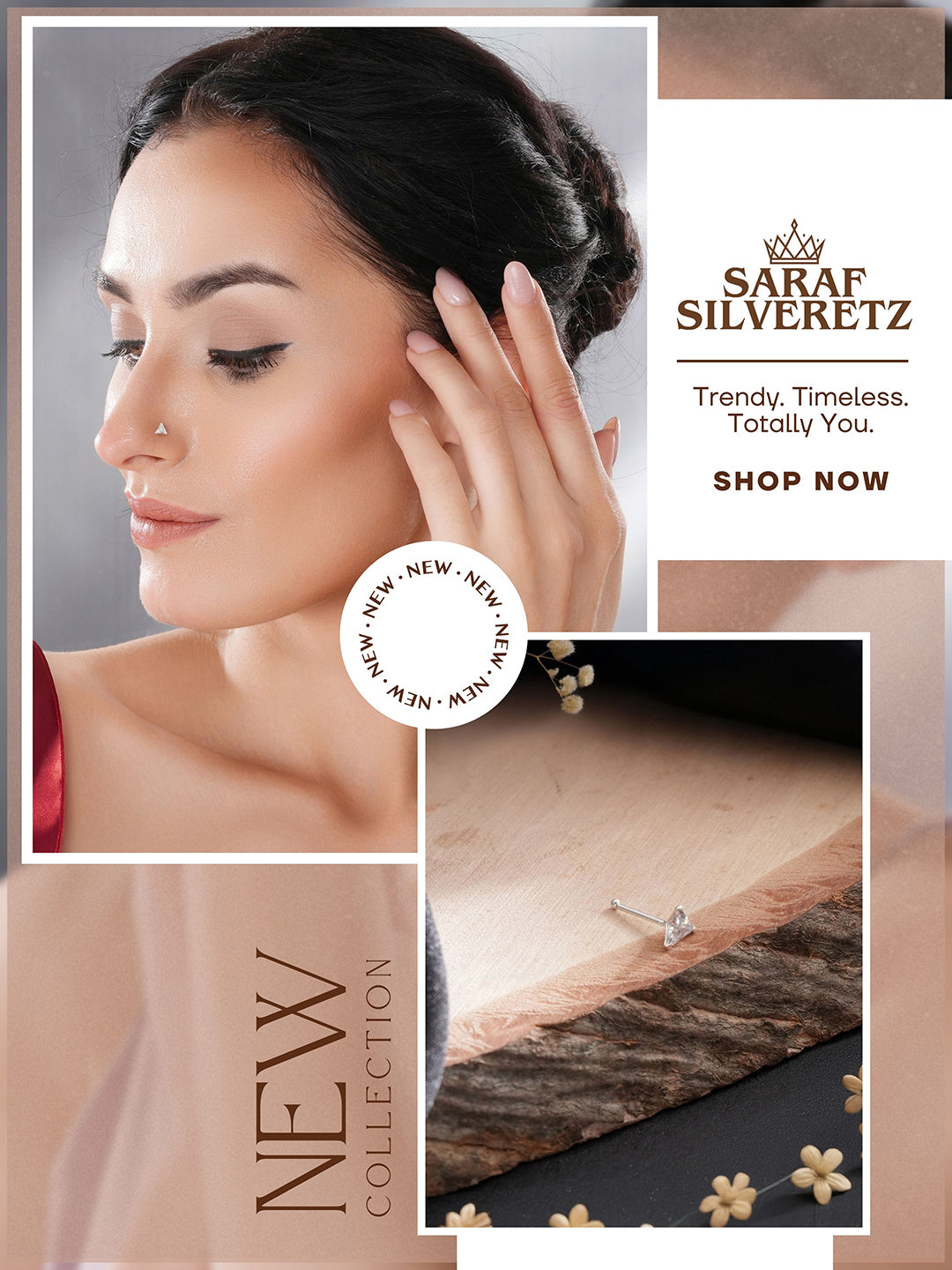 925 Sterling Silver Triangle Shaped AD Embellished Solitaire Shiny Nose Pin