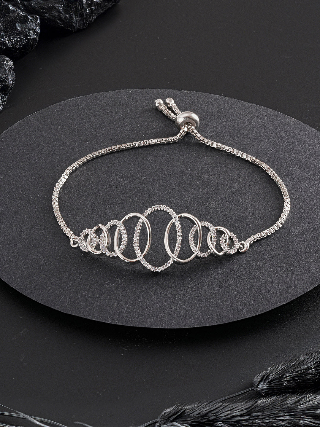 Rhodium Plated AD Studded Oval Link Adjustable Pull Chain Slider Bracelet