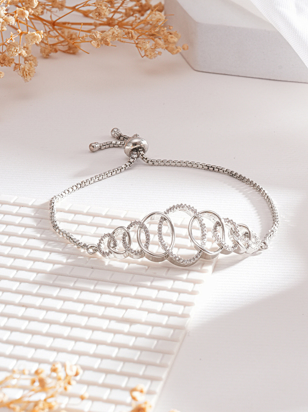 Rhodium Plated AD Studded Oval Link Adjustable Pull Chain Slider Bracelet