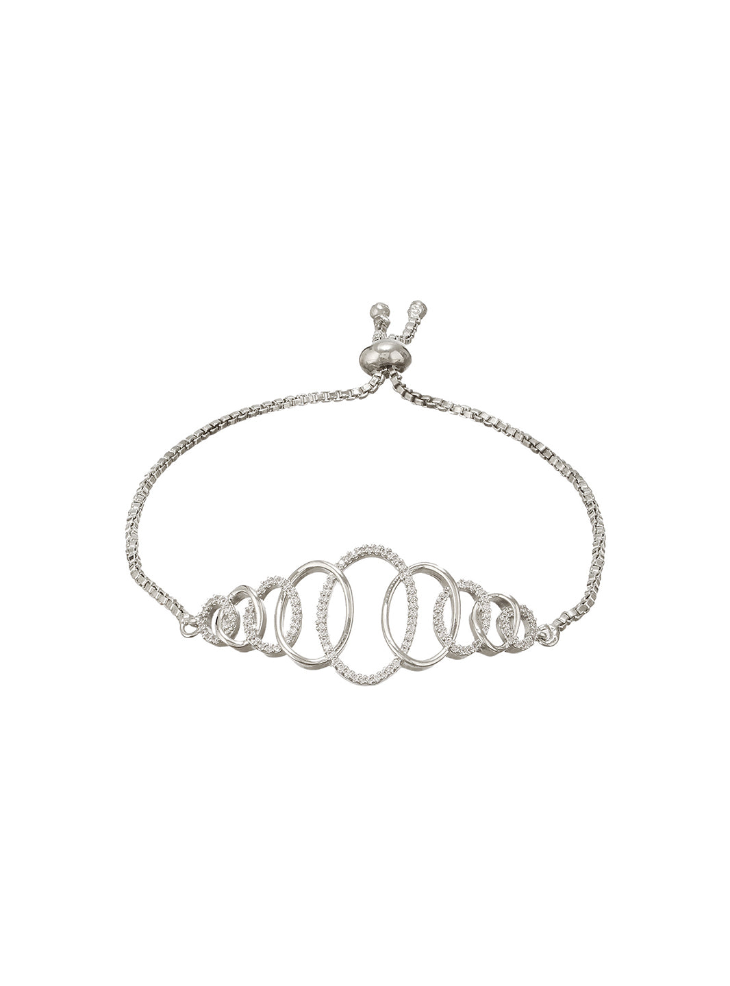 Rhodium Plated AD Studded Oval Link Adjustable Pull Chain Slider Bracelet