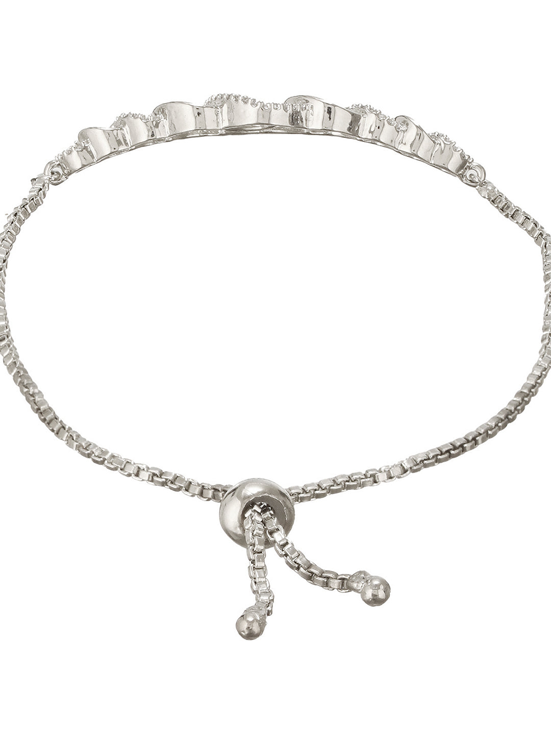 Rhodium Plated AD Studded Oval Link Adjustable Pull Chain Slider Bracelet