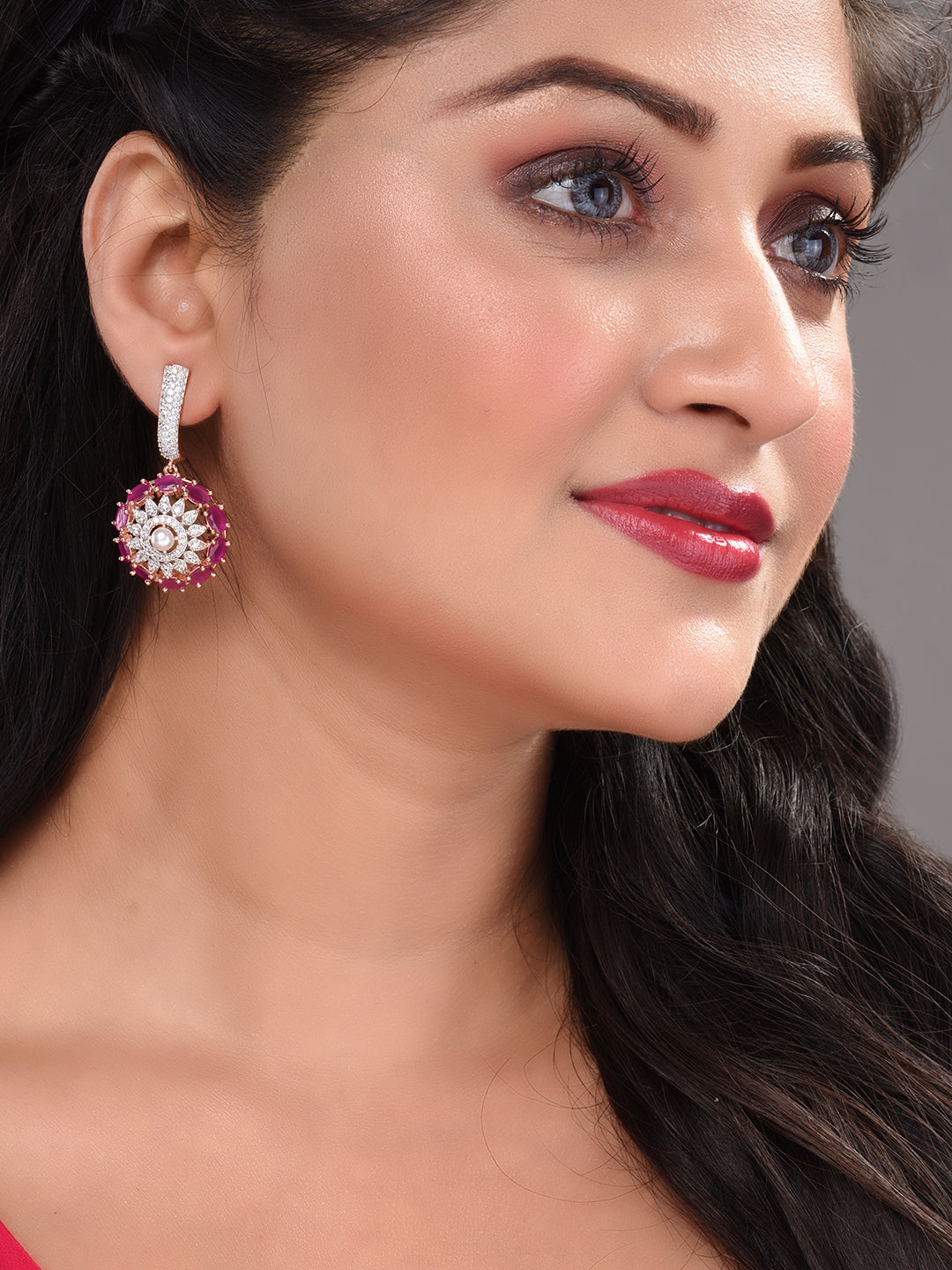 Rose Gold Plated Red AD Studded Solar Drop Earrings