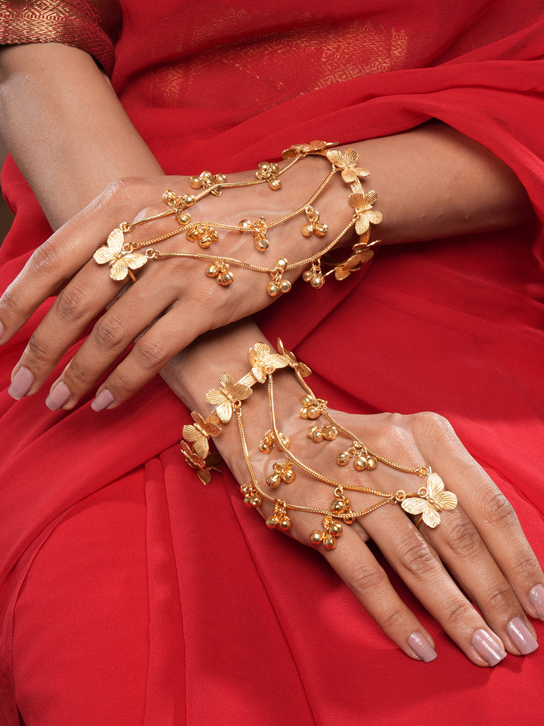 Set Of 2 22k Gold Plated Kashmiri Ghungroo Butterfly Bracelet Hathphool