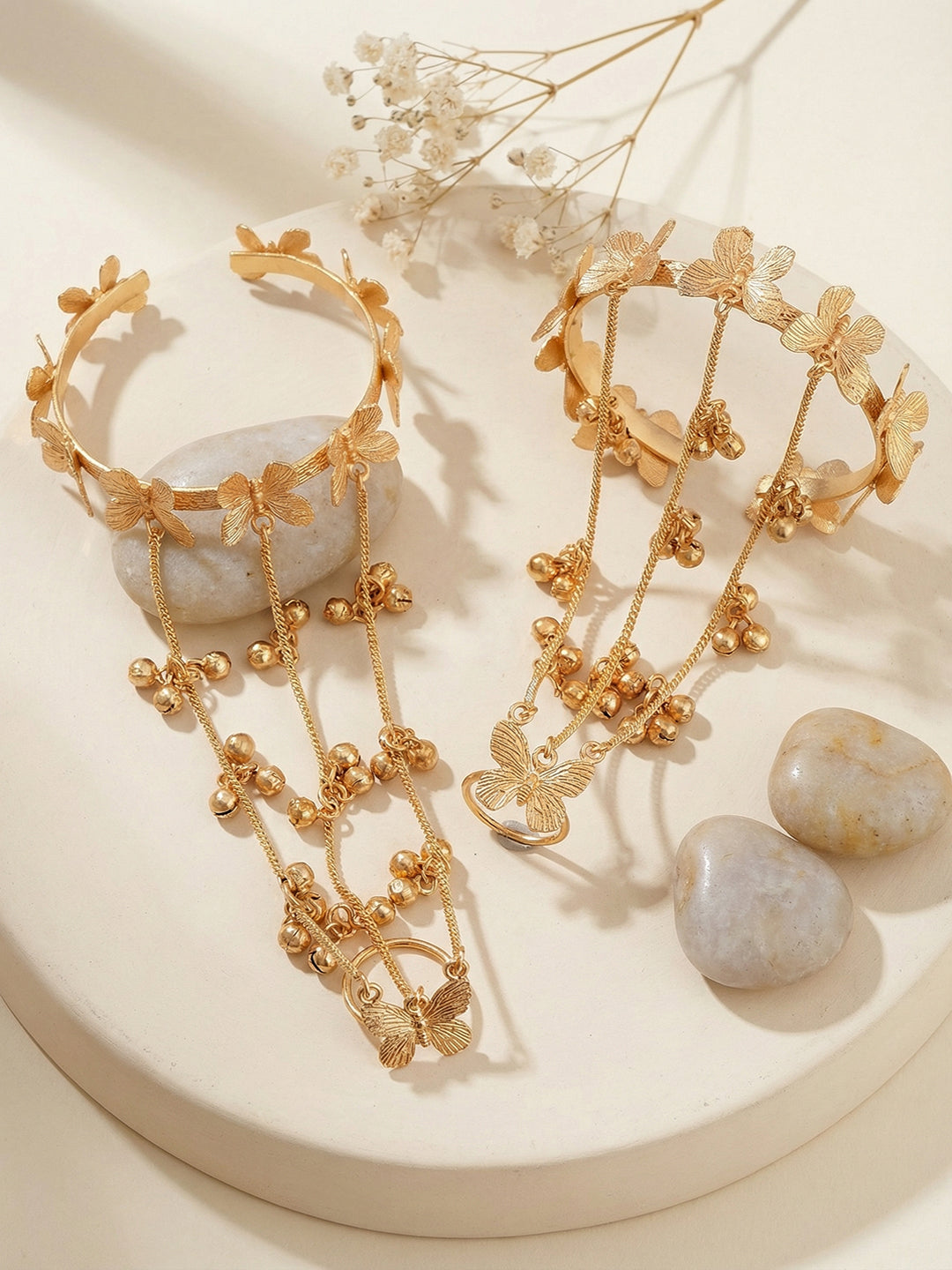 Set Of 2 22k Gold Plated Kashmiri Ghungroo Butterfly Bracelet Hathphool