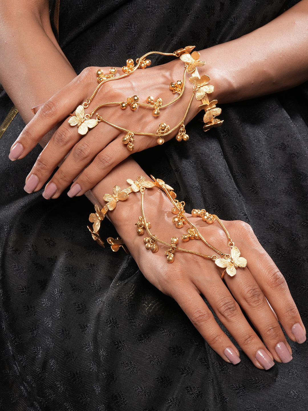 Set Of 2 22k Gold Plated Kashmiri Ghungroo Butterfly Bracelet Hathphool