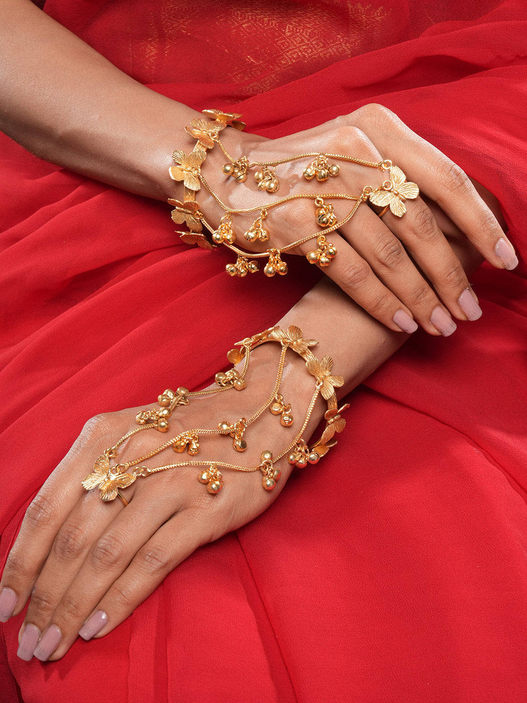 Set Of 2 22k Gold Plated Kashmiri Ghungroo Butterfly Bracelet Hathphool