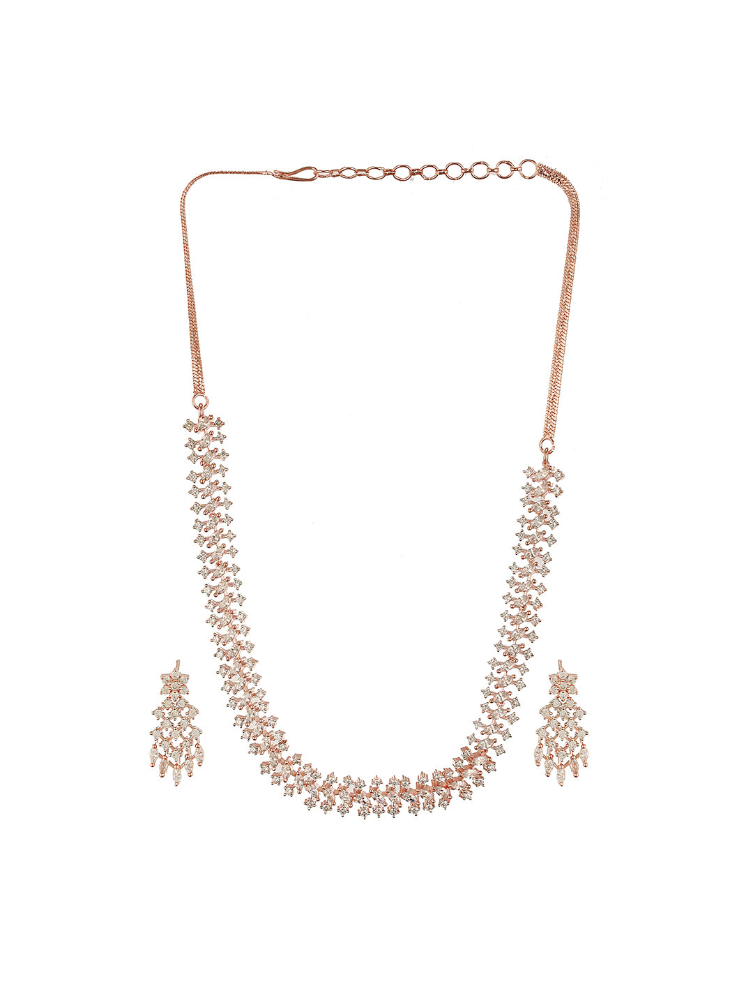 Rose Gold Plated Cubic Zircon Studded Statement Choker Necklace Jewellery Set