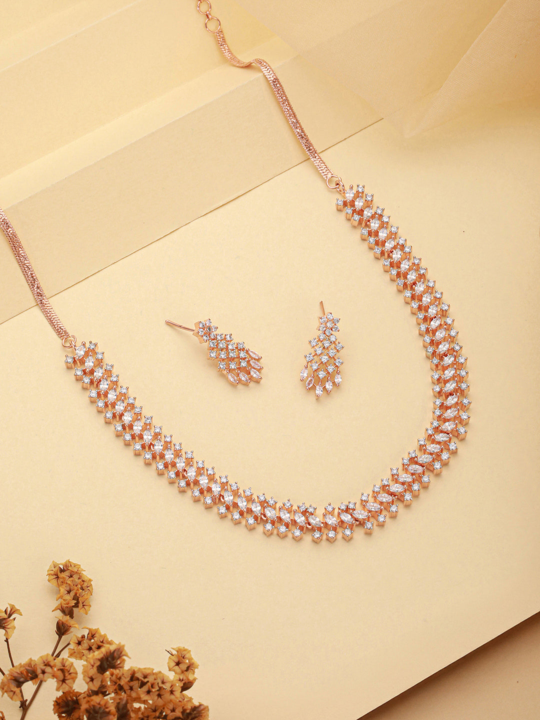 Rose Gold Plated Cubic Zircon Studded Statement Choker Necklace Jewellery Set