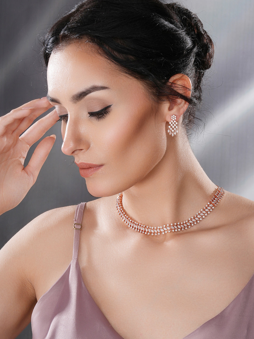 Rose Gold Plated Cubic Zircon Studded Statement Choker Necklace Jewellery Set