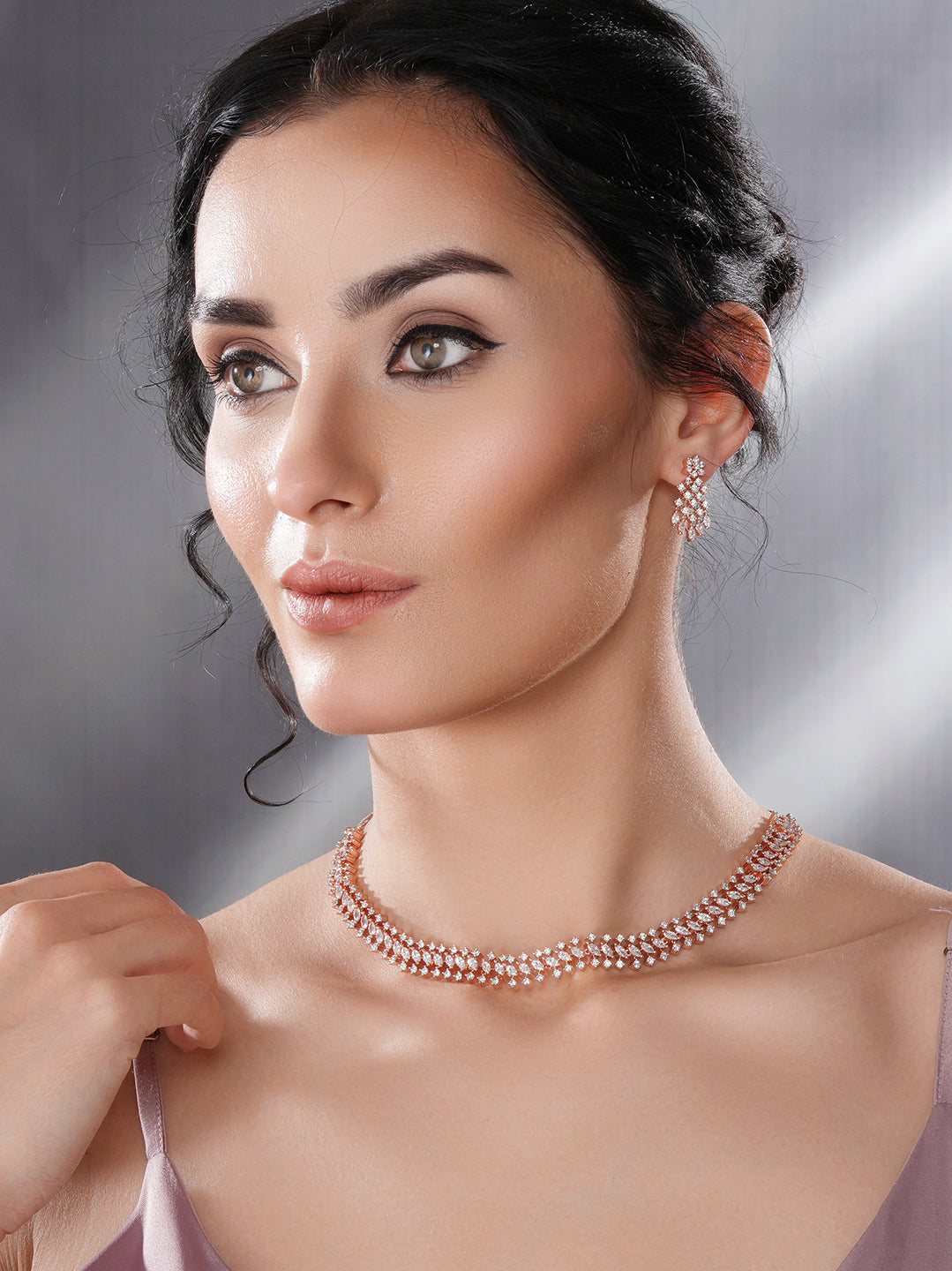 Rose Gold Plated Cubic Zircon Studded Statement Choker Necklace Jewellery Set