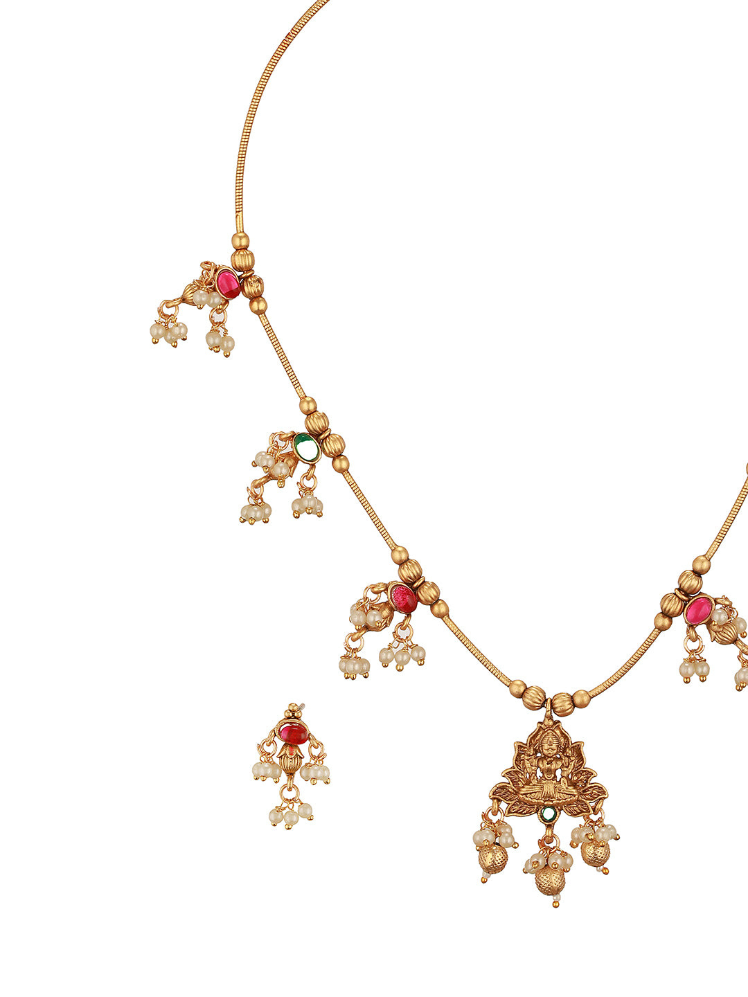 Gold Plated Ball Chain Kempo Studded Lakshmiji Pendant Minimal Jewellery Set