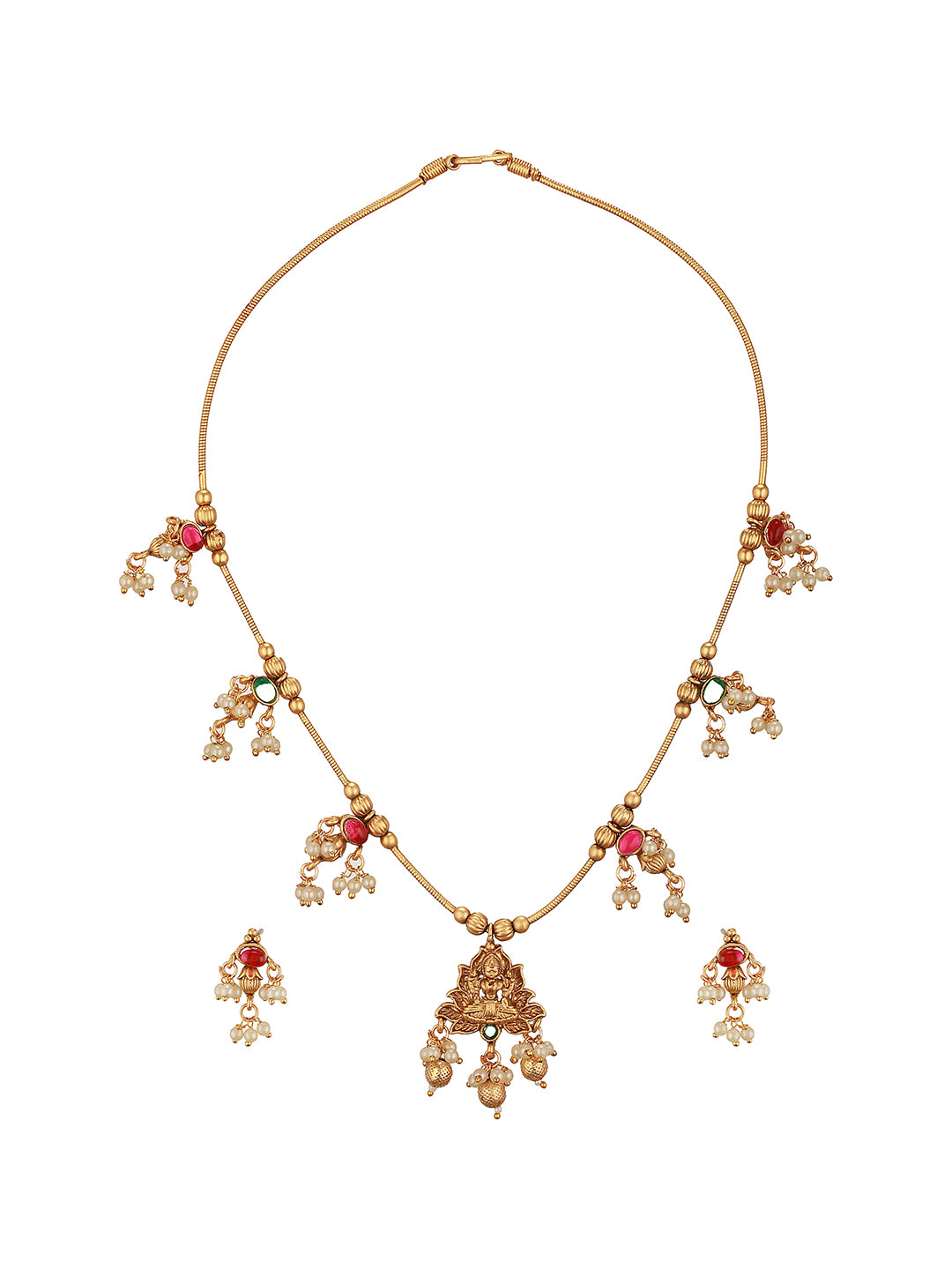 Gold Plated Ball Chain Kempo Studded Lakshmiji Pendant Minimal Jewellery Set