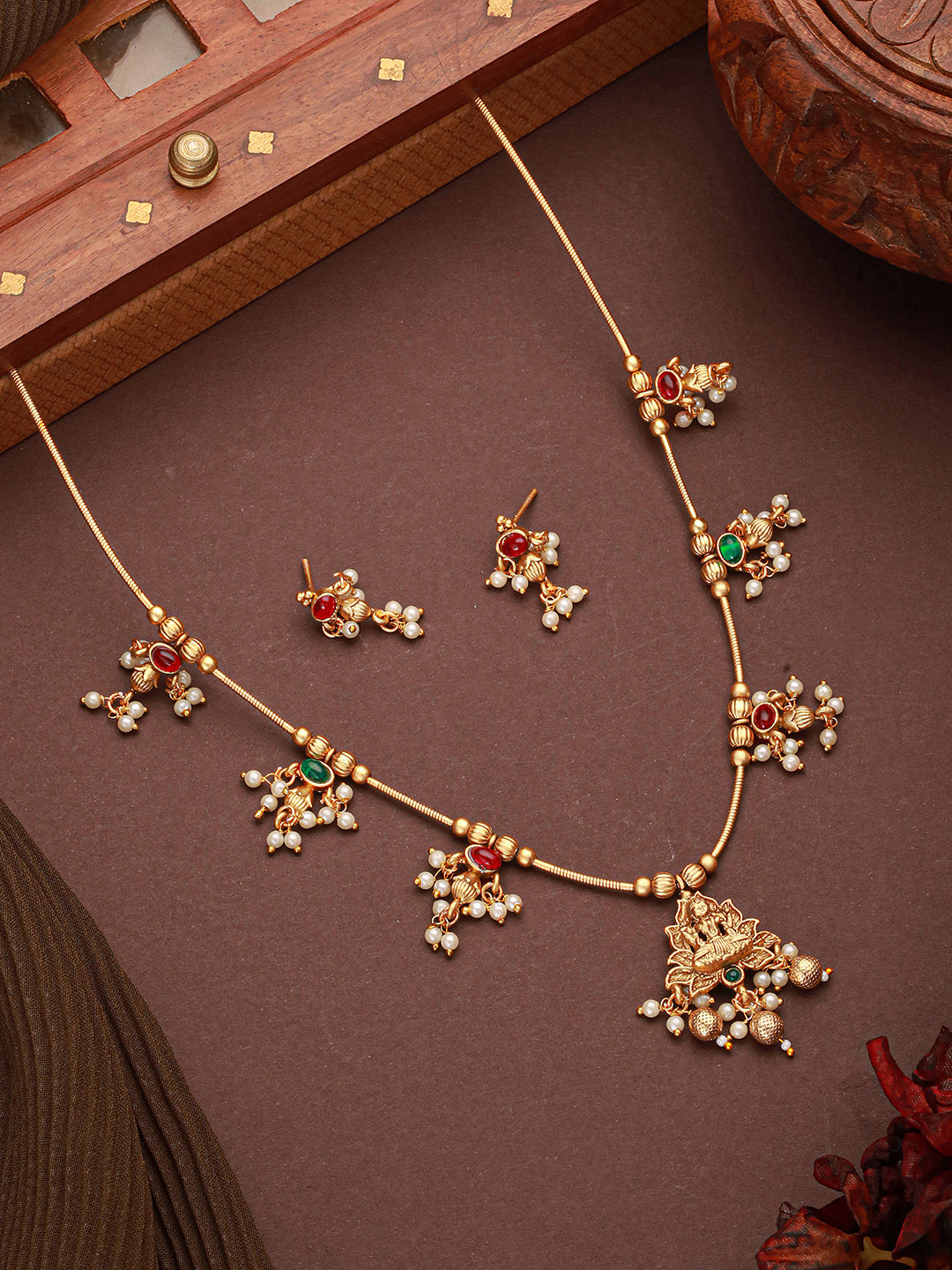 Gold Plated Ball Chain Kempo Studded Lakshmiji Pendant Minimal Jewellery Set