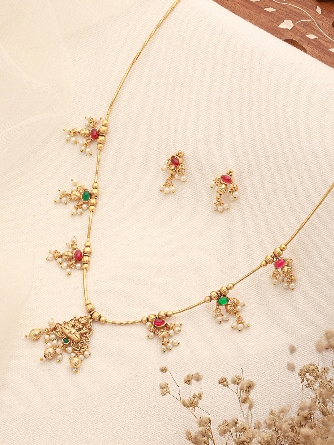 Gold Plated Ball Chain Kempo Studded Lakshmiji Pendant Minimal Jewellery Set