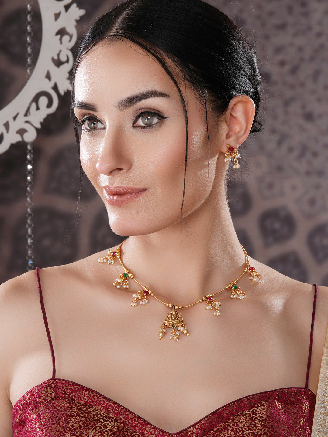 Gold Plated Ball Chain Kempo Studded Lakshmiji Pendant Minimal Jewellery Set