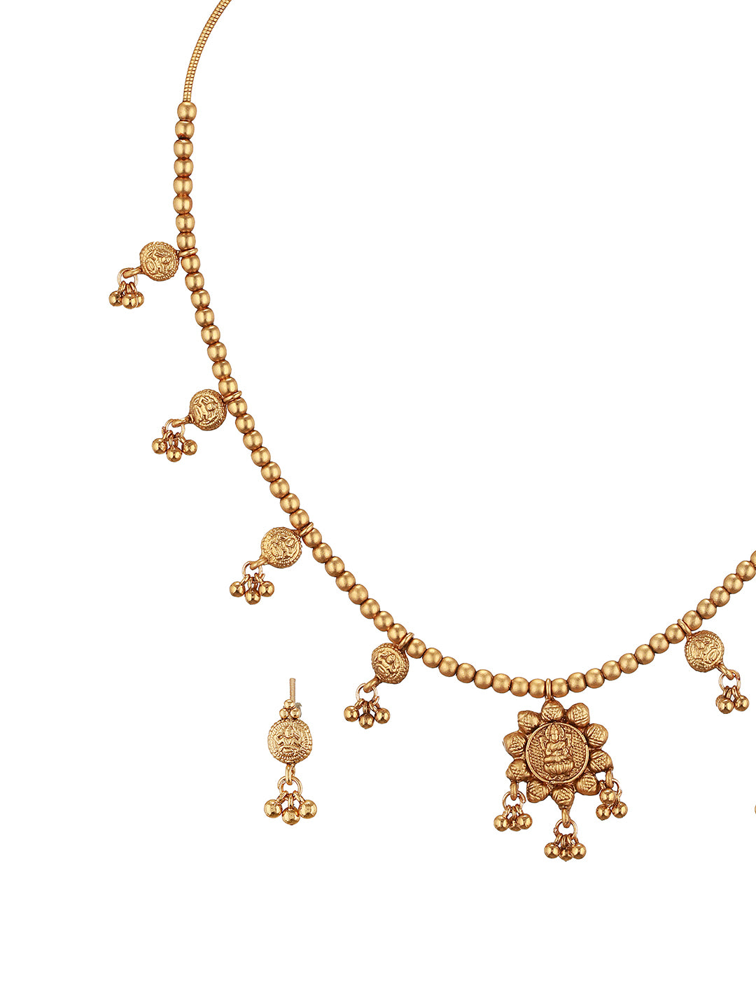 Gold Plated Gold Beads Delicate Temple Goddess Lakshmi Pendant  Minimal Jewellery Set