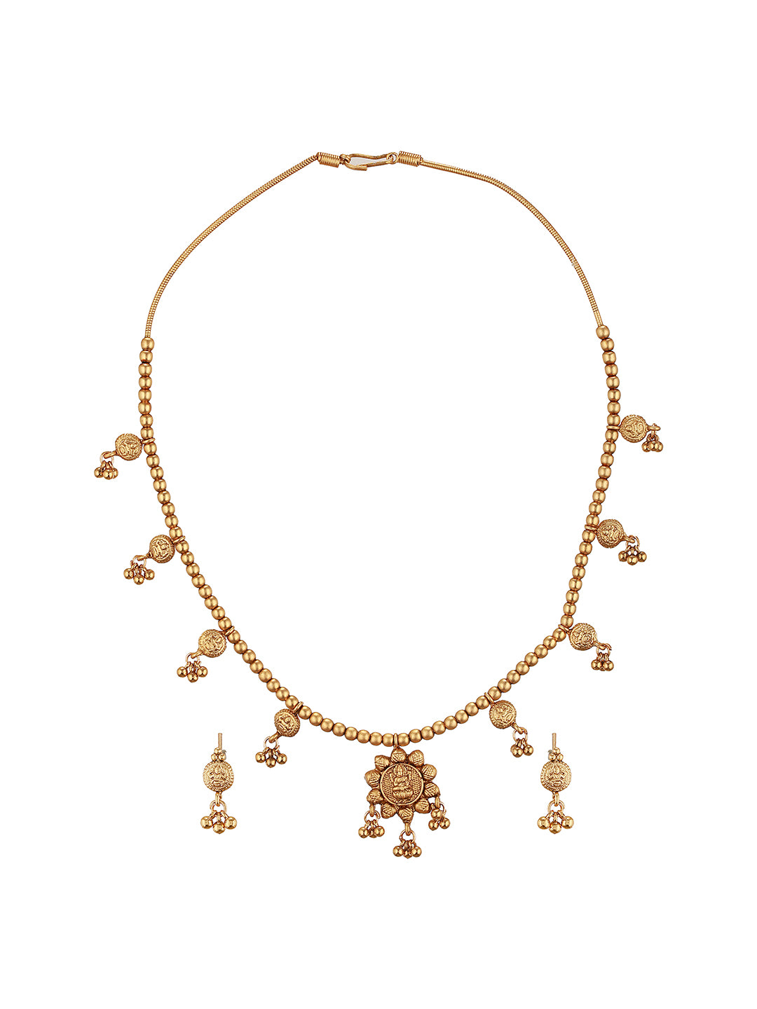 Gold Plated Gold Beads Delicate Temple Goddess Lakshmi Pendant  Minimal Jewellery Set