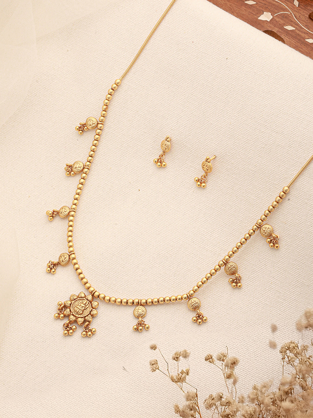 Gold Plated Gold Beads Delicate Temple Goddess Lakshmi Pendant  Minimal Jewellery Set