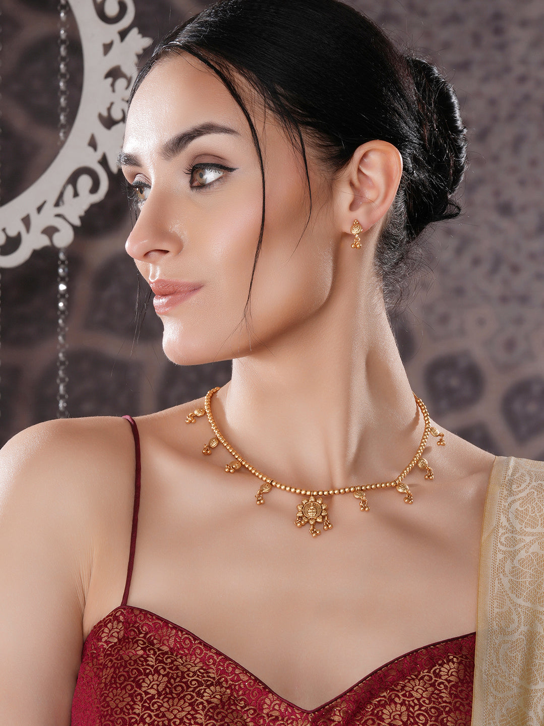 Gold Plated Gold Beads Delicate Temple Goddess Lakshmi Pendant  Minimal Jewellery Set